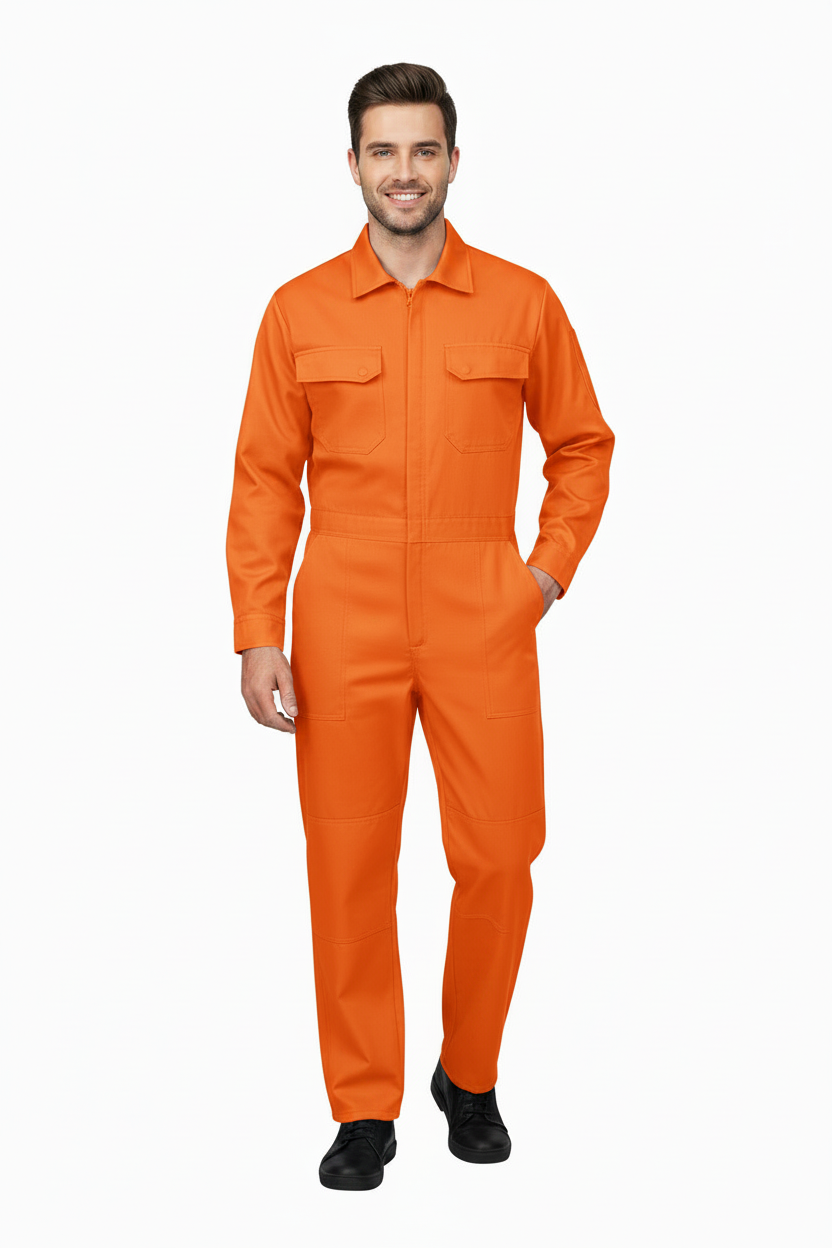 Modelo con overol naranja