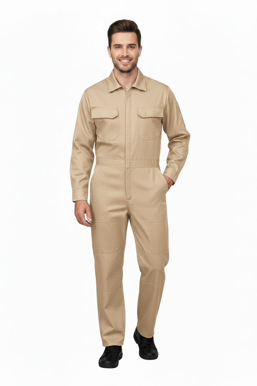 Modelo con overol beige